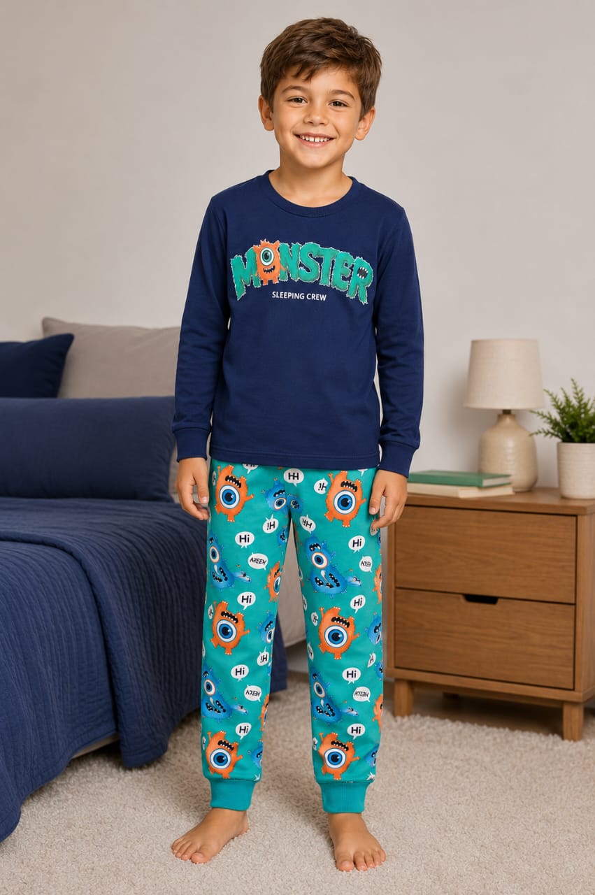 Pijama Infantil Moletom Peluciado Monster 100% Algodão Brilha no Escuro