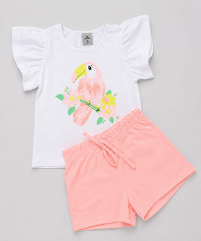 Conjunto Infantil Feminino Blusa com Estampa de Tucano e Short Molecotton
