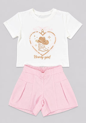 Conjunto Infantil Feminino Blusa e Short "Howdy Girl!" Rosa