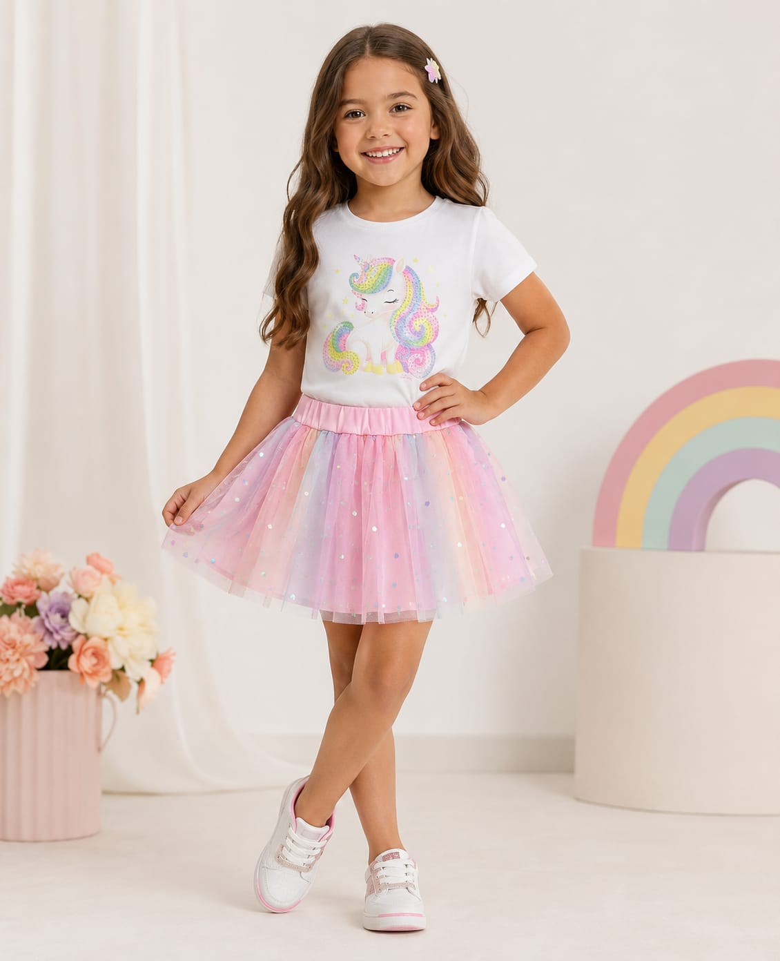 Conjunto Infantil Blusa Cotton com Saia de Tule e Aplicação de Strass