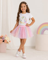 Conjunto Infantil Blusa Cotton com Saia de Tule e Aplicação de Strass