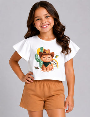 Conjunto Infantil Feminino Blusa em Malha Penteada com Short em Moletom