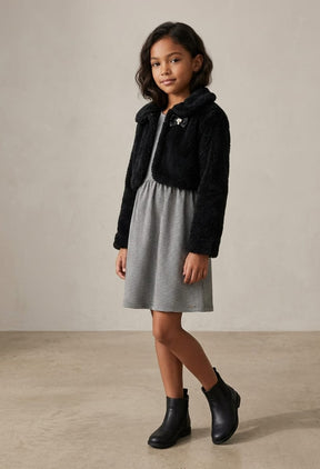 Conjunto Infantil Vestido Pied de Poule com Bolero em Pelo